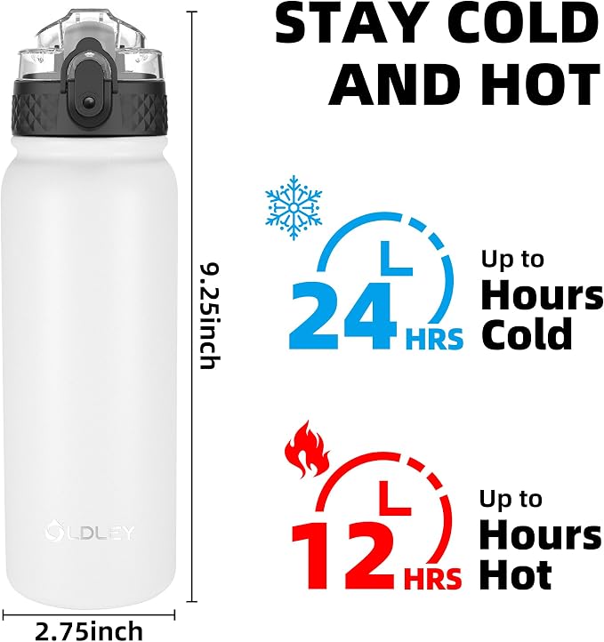 Oldley Insulated Water Bottle 20oz Water Bottles with Straw, Stainless Steel Water Bottle with 3 Lids, Double Wall Vacuum Bottles for Adult Kids, Sports Bottles for School Travel,White