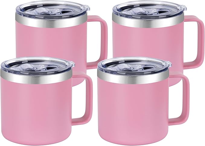 VEGOND 14 oz Insulated Coffee Mug Bulk with Handle, Stainless Steel Travel Coffee Mug with Lid, Double Wall Vacuum Metal Coffee Cup, Coffee Tumbler Powder Coated, Pink 4 Pack