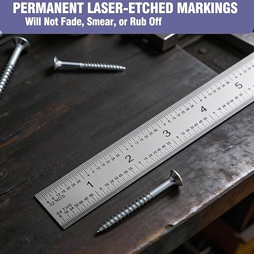 12 Inch Machinist Ruler Set - 2 Pack Stainless Steel Precision Double Sided Ruler with 1/64, 1/32, 1/16 & 1/8 Inch Graduations, Etched Markings - for Engineers,Woodworking and DIY (2, 12 Inch)