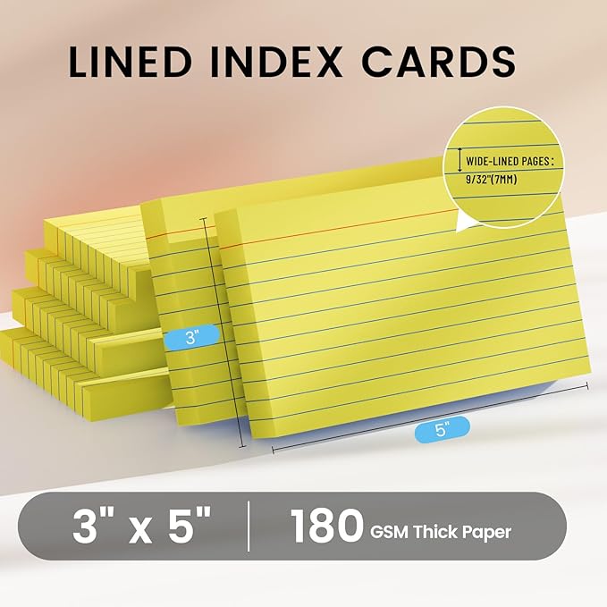 Index Cards 3x5 Inch, 300sheets, Flash Cards,Ruled Lined Yellow Note Cards Paper For Studying, Schools Supplies, College, Office And Home Organization, Note Taking Supplies