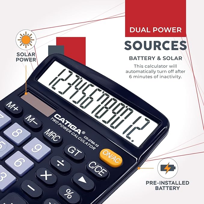 CATIGA 12 Digit Desk Calculator, Desktop Calculators with Large LCD Display & Big Buttons, Dual Power Solar & Battery, Standard Basic 4 Function Calculator for School, Office, Home