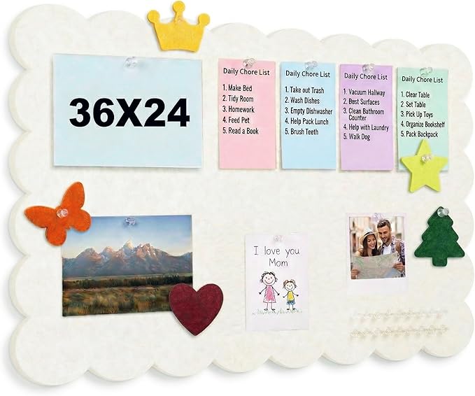 Scalloped Bulletin Board, 36x24 Scalloped Felt Bulletin Board, 3' by 2' Trifold Foldable Picture Display with 20 Pins & 5 Cute Decors - Beige
