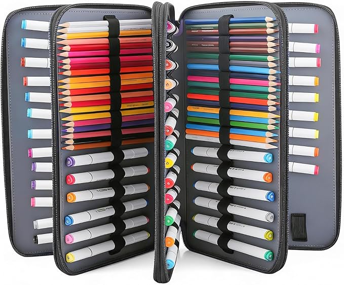 Vomgomfom 300 Slots Marker Bag, 4-Layer Zipper Portable Art Supply Organizer, PU Leather Large Capacity Marker Case Holds 100 Markers or 300 Colored Pencils with Handle (Black Flower)