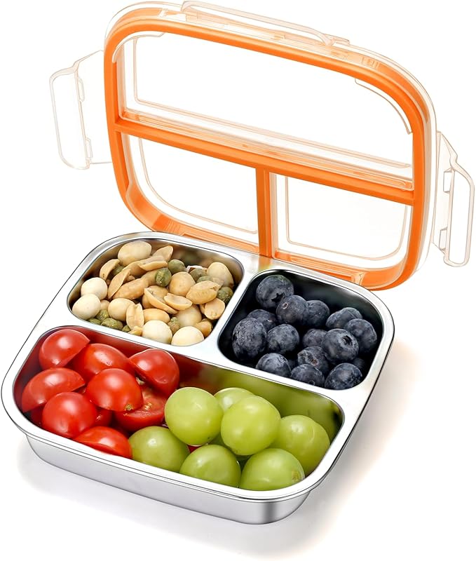 Snack Containers for Kids, 3 Compartments Reusable on the go Bento Box with Lids, Stainless Steel Toddler Lunch Box Containers Pre Meal Storage for Daycare School Camping Travel - Orange