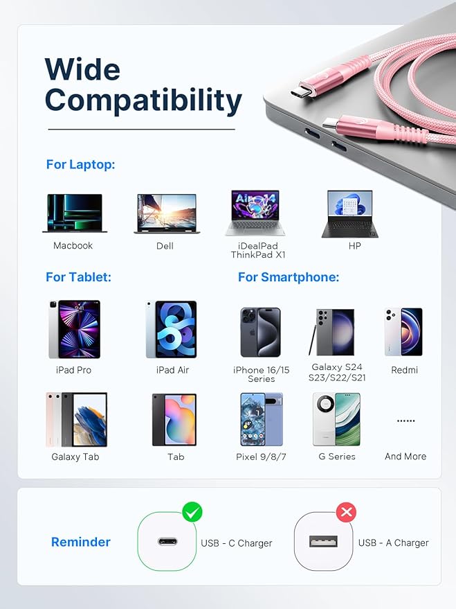 USBC to USBC 100W [10ft/2 Pack] USB C to USB C Fast Charging Cable Braided C to C Charger Cord for MacBook Pro/Air, iPhone 16 15 Pro Max Plus,iPad Pro,Samsung Galaxy S25 Ultra S24 S23,Pixel,PS5,Switch
