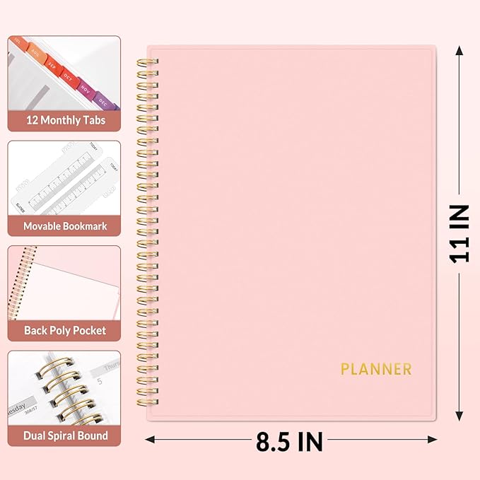 SUNEE Academic Planner 2026-2027 – Weekly & Monthly Planner, July 2026 to June 2027, 8.5"x11", Thick Paper, Tabs, Pockets, Bookmark, Spiral-Bound, Student Teacher Organizer, Pink