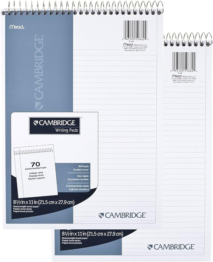 Mead Cambridge Wirebound Notebook/Notepad/Steno Book, 8.5 x 11 Inches,70 Pages, 140 Sides, 2-Pack, Stiff-Back (73403)