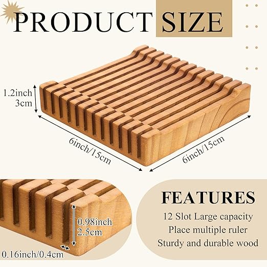 Pinkunn 1 Piece Wooden Quilting Ruler Holder Organizer 6 Inch 12 Slot Grids Ruler Rack for Quilting and Sewing, Ideal for Home Office Desk Storage(Brown)