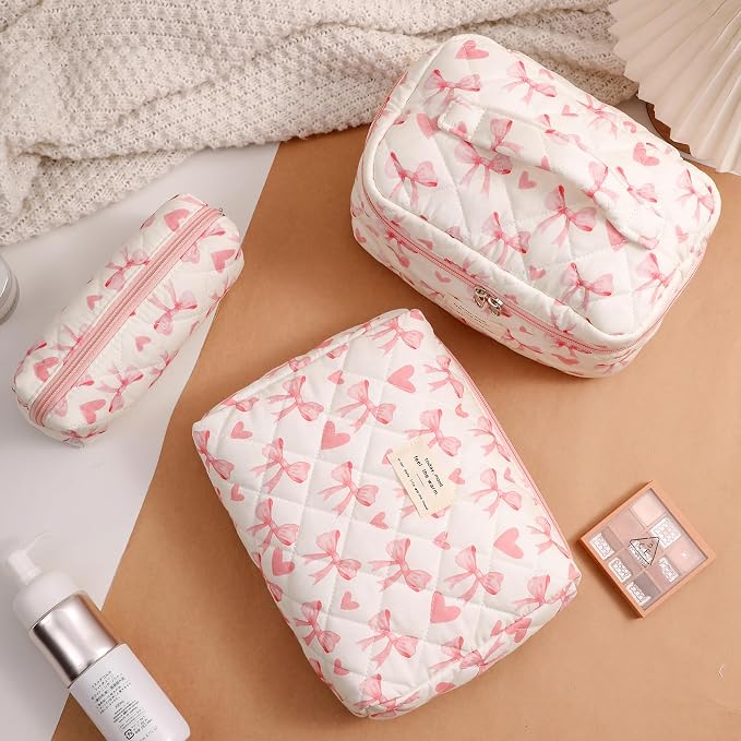 uekeboag Large Travel Quilted Makeup Bag for Women | Soft Floral Cotton Cosmetic Bag, Foldable Coquette Aesthetic Toiletry Organizer
