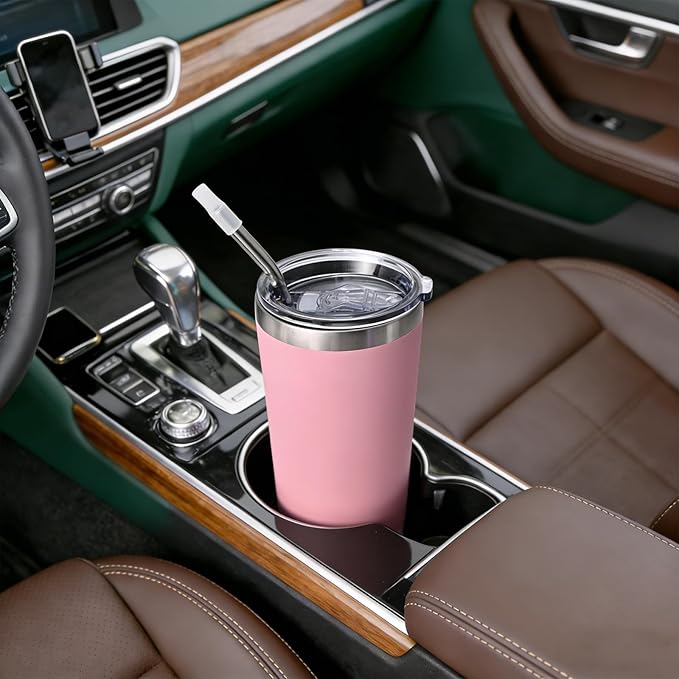 NESTALLY Coast 20oz Stainless Steel Tumbler, Extra Capacity Holds Up to 22oz, Double Wall Vacuum Insulated Travel Coffee Mug with Lid & Metal Straw, Leakproof Reusable Cup for Travel (Blush Pink)