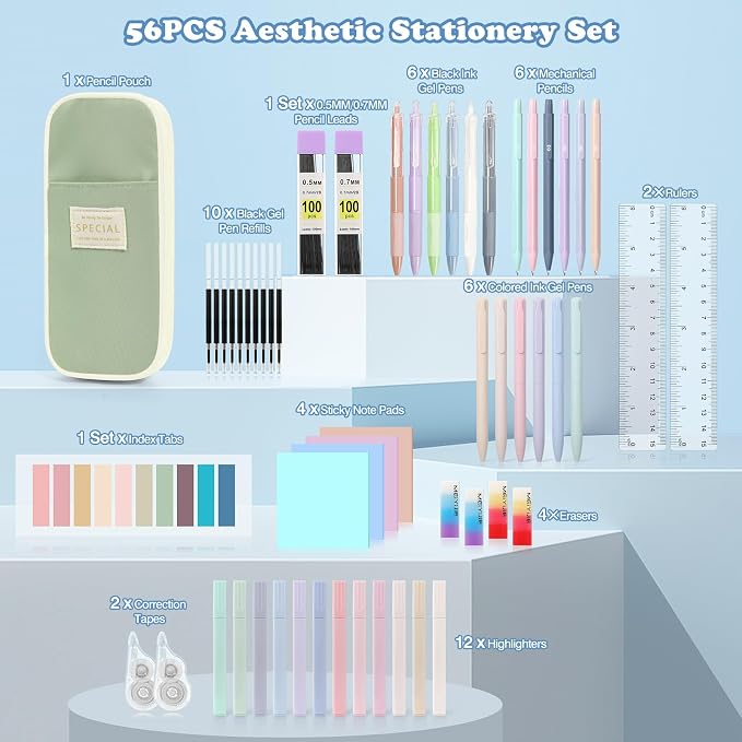 MoKo 56 PCS Aesthetic School Supplies with Pencil Pouch, Cute Stationery Set for Students Office, 12 Gel Pens, 12 Pastel Highlighters, 6 Mechanical Pencils 0.5 & 0.7mm, Sticky Note Index Tab (Green)