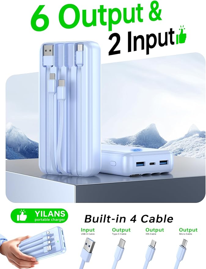 Portable Charger,50000mAh Power Bank Built-in Cable, 22.5W PD USB C In & Out Fast Charging, External Battery Pack with 6 Output & 2 Input, Travel Camping Essential for iPhone 17/16/15/14/13/12(Blue)