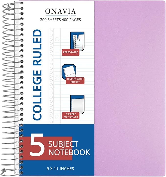 ONAVIA 5 Subject Spiral Notebook, 1 Pack, College Ruled, 9 x 11 in, 200 Sheets, Poly Cover, 3-Hole Punched with Dividers and Pockets for Classroom Study, Purple