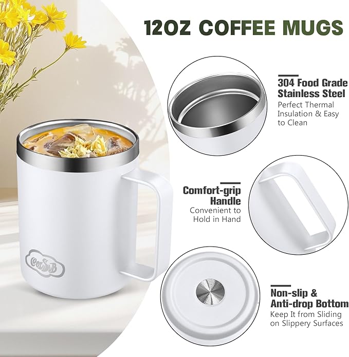 12oz Insulated Coffee Mug with Handle, Stainless Steel Wide Mouth Travel Tumblers with Lid, Double Wall Vacuum Coffee Cup for Camping, Office, White 8 Packs