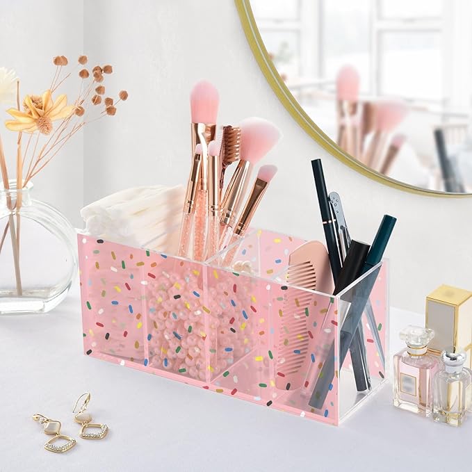 Aslsiy Colorful Confetti Sprinkle Pink Pen Holder for Women 4 Compartments Acrylic Pencil Holder Clear Makeup Brush Holder Desk Organizer Office Supplies