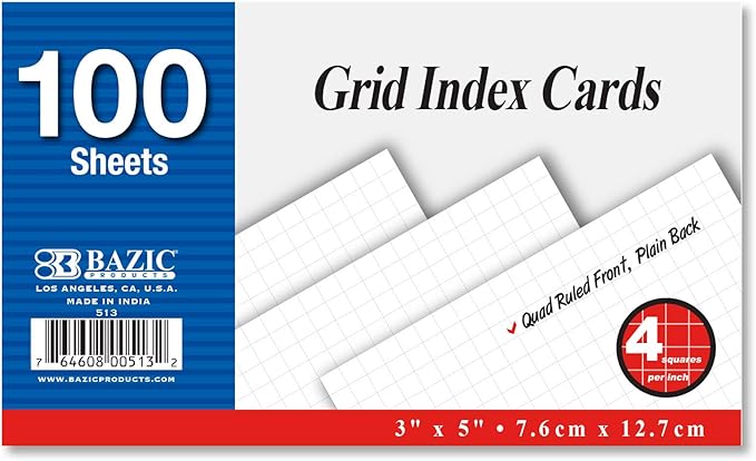 BAZIC 100 Ct. White Index Cards. 3" X 5" Quad Ruled Flash Cards for School, Stationery, or Office Supplies (513)