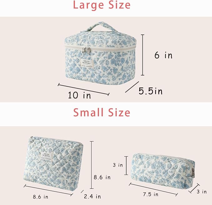 uekeboag Large Travel Quilted Makeup Bag for Women | Soft Floral Cotton Cosmetic Bag, Foldable Coquette Aesthetic Toiletry Organizer