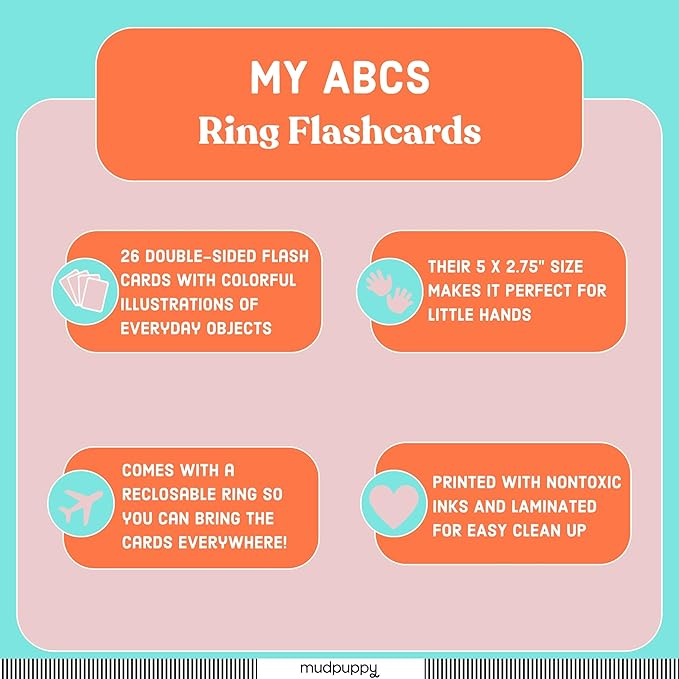 Mudpuppy My ABC's — Ring Flashcards 26 Durable Double Sided Alphabet Cards And Reclosable Ring With Colorful Art For Kids Ages 1+ Perfect For Preschool Or Travel For Teachers And Parents