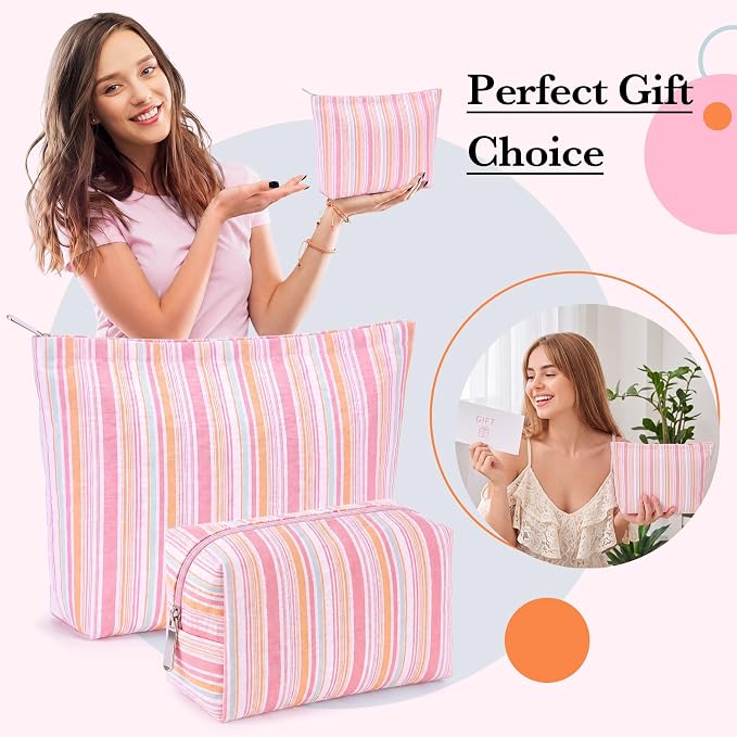 Huhumy 2 Pcs Striped Makeup Bag, Travel Toiletry Bag for Women, Aesthetic Cute Colorful Cosmetic Pouch, Seersucker Storage Organizer for Accessories, Essentials, Toiletries(Pink Orange Green)