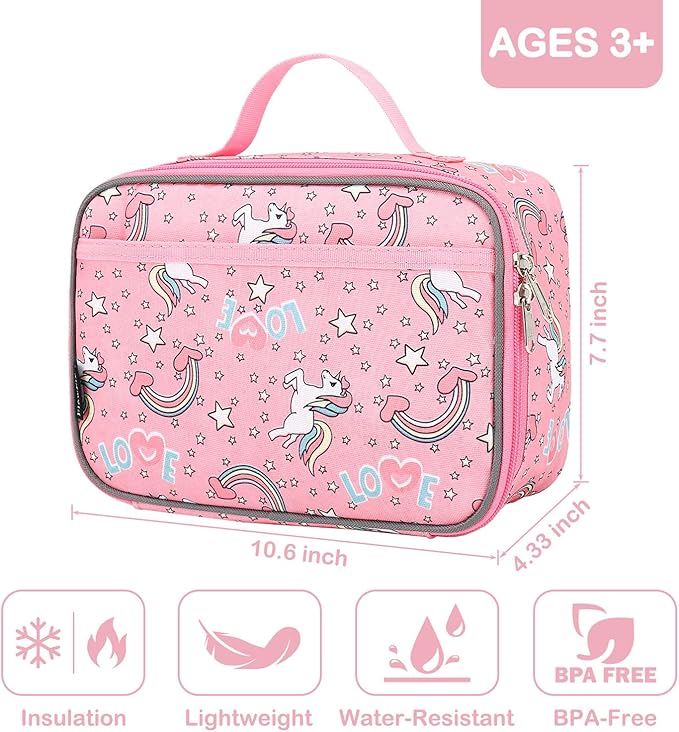 FlowFly Kids Lunch box Insulated Soft Bag Mini Cooler Back to School Thermal Meal Tote Kit for Girls, Boys, Unicorn