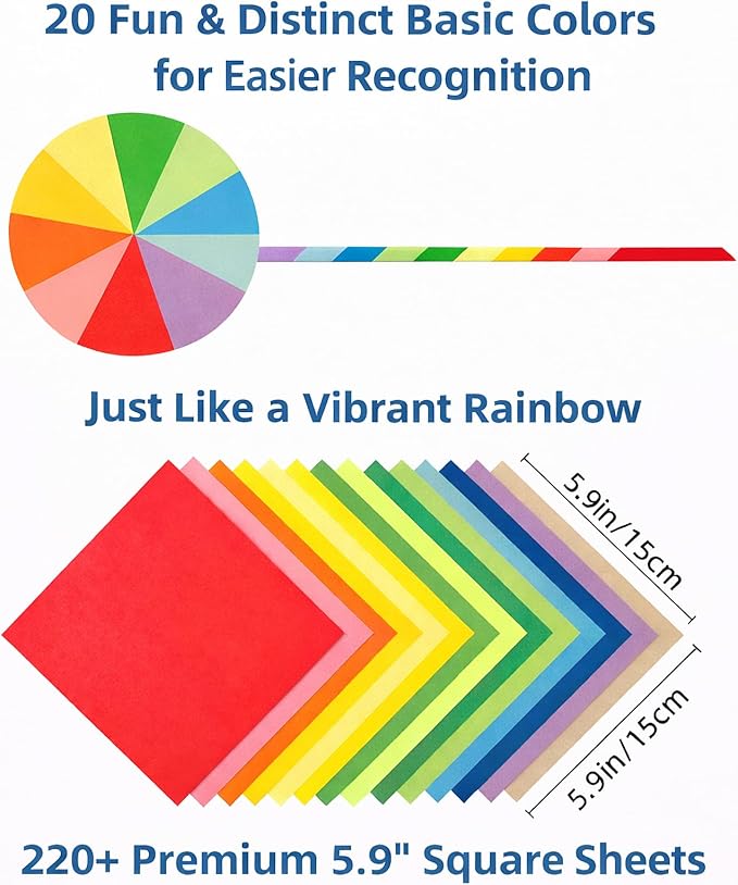 Origami Paper 6x6 Inch, Double Sided Color, 220 Sheets, 20 Fun & Distinct Colors, Child-Friendly, with DIY Accessory Kit for Hands-on Art and Craft Projects
