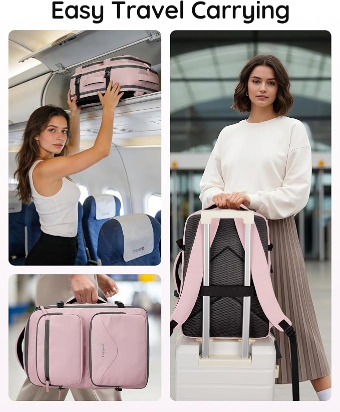 Taygeer Travel Backpack for Women, Travel Personal Item Bag with Shoe Pouch | TSA Approved Under Seat Carry on Backpack with Water Bottle Pocket Fits 15.6inch Laptop, Travel Essentials for Airplanes,Pink