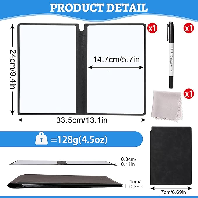 Marspark Portable White Board Dry Erase Board 9.4" x 6.7" Small Reusable Folding Double Sided Notebook Memo with Pen Cleaning Cloth Black Desk Accessories for Office School Study Meeting Planning