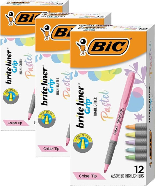 BIC Brite Liner Grip Pastel Highlighter Set, Chisel Tip, 12-Count Pack of Pastel Highlighters in Assorted Colors, Cute Highlighters for Bullet Journaling, Note Taking and More (Pack of 3)