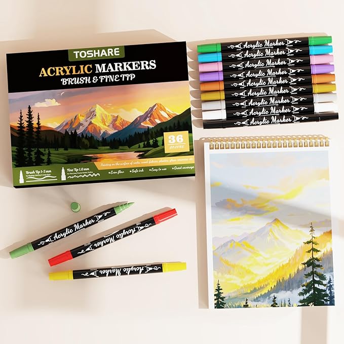 TOSHARE 36 Colors Acrylic Paint Markers, Brush & Fine Dual Tip Acrylic Paint Pens for Rock, Wood, Paper, Fabric, Canvas, Glass, Ceramic, Egg, Scrapbook and DIY Crafts Supplies Art Gifts
