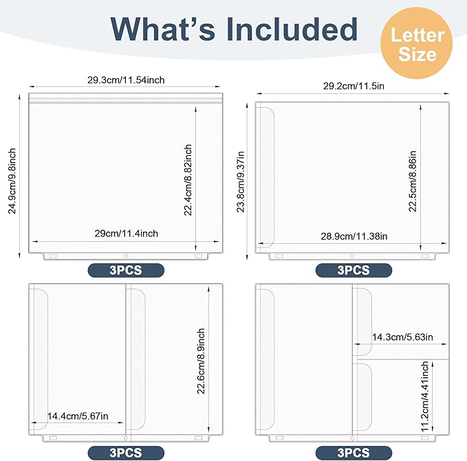 12PCS Letter Size Binder Pockets, 3-Hole Loose Leaf Insert Bag
