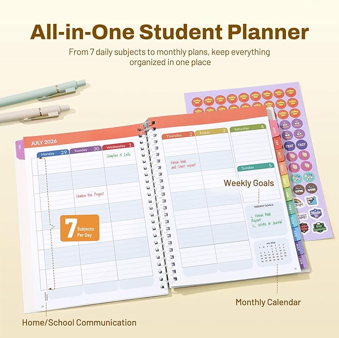 Student Planner 2026-2027, SUNEE Middle or High School Datebooks Student Planner for Academic Year Jul. 2026 - Jun. 2027, 6.5" x 8.3" Lesson Plan Book with Bookmark, Planning Stickers, Pastel Draw