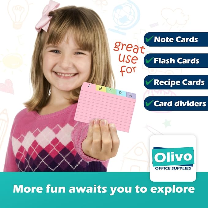 100 Pack Tabbed Index Cards 3x5 Lined Index Card Dividers with Tabs 3" x 5", White, 220 GSM Thick Paper