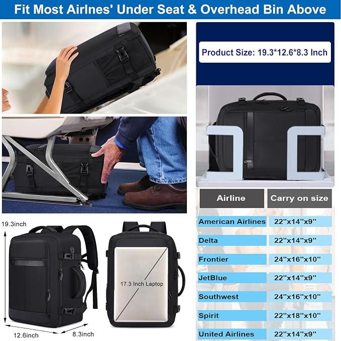 Large Travel Backpack for Men,Airplane Approved Carry On Backpack Suitcase with Shoe Pouch, Luggage Bag TSA 17.3inch Laptop Mochila Flight Approved Casual Daypack Bookbag Travel Essentials,Black