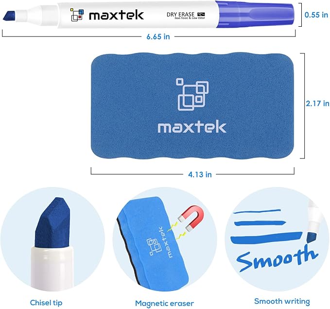 maxtek Low Odor Dry Erase Markers Chisel Tip, Whiteboard Markers Set 12 Count with 1 Magnetic Eraser