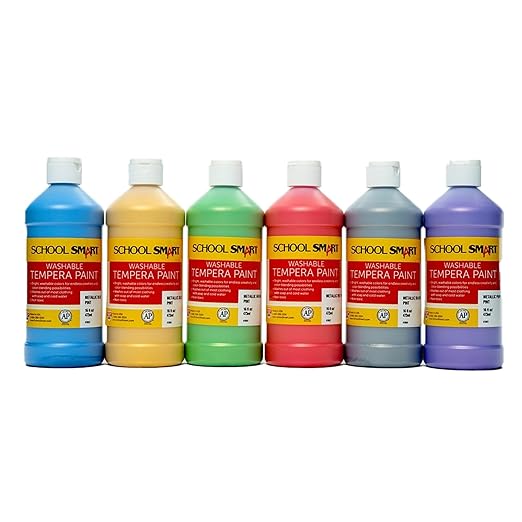 School Smart Washable Tempera Paints for School and Arts and Crafts Use, 16 Ounces Each, Assorted Metallic Colors, Set of 6