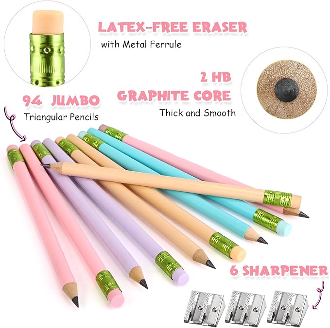 Fainne 102 Pieces Jumbo Pencils Set for Kids Toddlers 96 Thick Fat Large Pencils with Erasers 6 Sharpeners Bulk for Preschool Kindergarten Elementary School Classroom(Macaron Colors,Round)