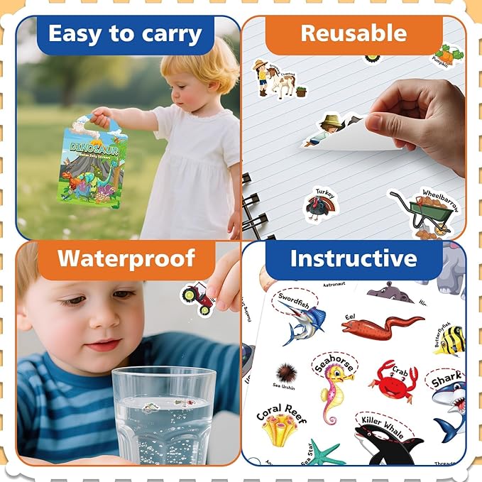3 Sets of Reusable Jelly Stickers Books - Jelly Sticker Books for Kids - Airplane and Car Travel Toys Educational Gifts for Boys and Girls (Dinosaur+Ocean+Animal