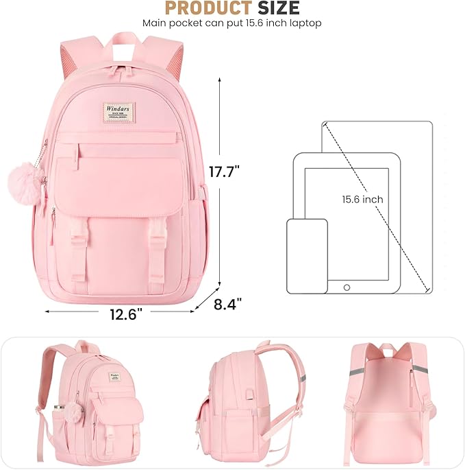 WINDARS School Backpack for Teen Girls, Cute College Backpacks for Women Students Aesthetic Bookbag Large 15.6 Inch Laptop Bag Middle School Travel Back Pack (Pink)