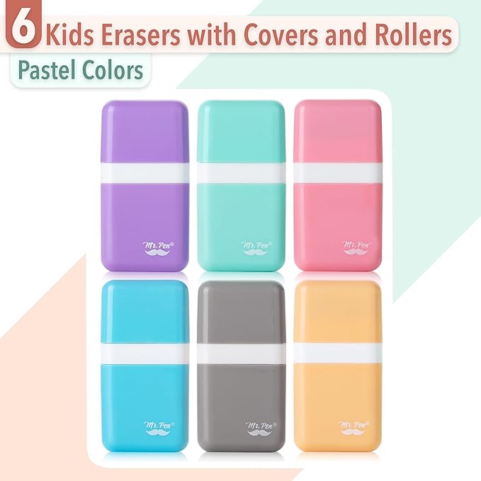 Mr. Pen- Eraser with Cover and Roller, 6 Pack, Pastel Colors, Cute Erasers for Kids