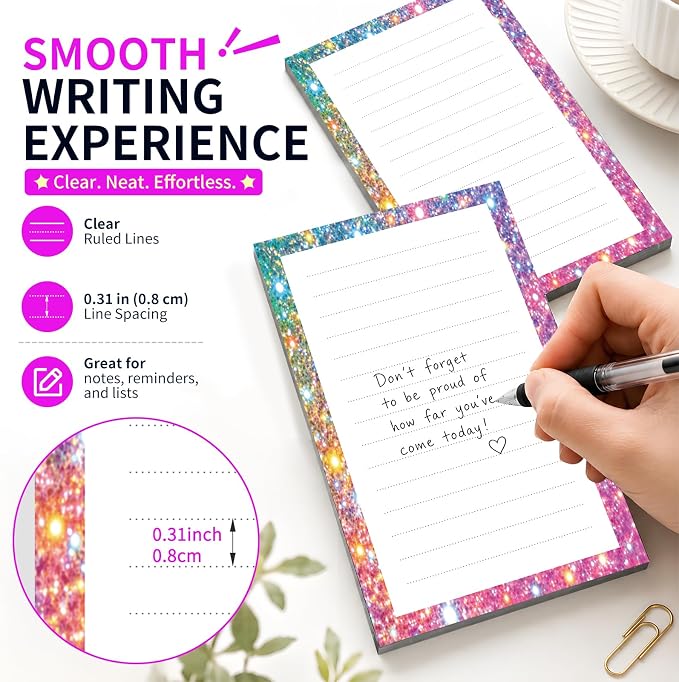 Lined Sticky Notes 4x6 in, 2 Pack Large Cute Notepads with Lines Self-Stick Note Pad, Funny Memo Pads Strong Adhesive for Office, Home Glitter Colorful Dots