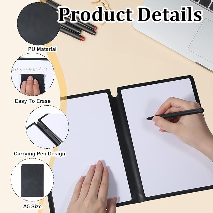 Thinp A5 Dry Erase Notebook, 9.5x6.6 Inch Whiteboard Notebook Reusable Folding White Board Double Sided Handheld Whiteboard for Business Office School Home (Black)