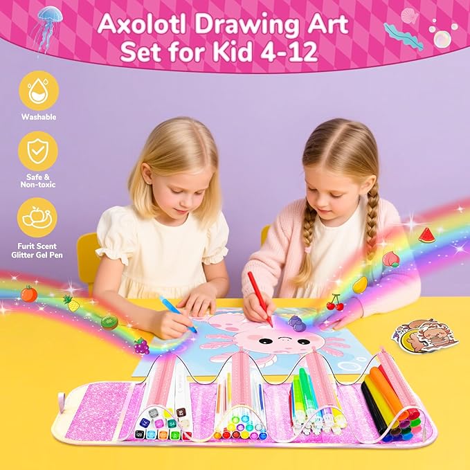 Axolotl Arts and Crafts for Girls Ages 4-5-6-7-8, 70 PCS Art Supplies Set with Kawaii 3D Pink Pencil Case, Washable Dual Markers, Scented Gel Pens, Twist-up Crayons & Axolotl Stickers, Birthday Gift