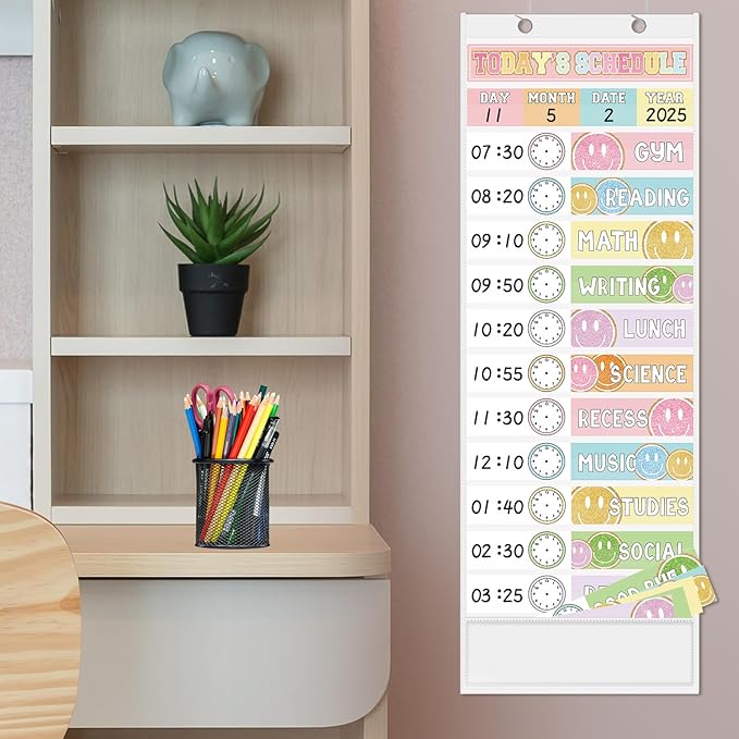 JarThenaAMCS Pastel Smile Face Daily Schedule Pocket Chart 13 x 35.5 In Glitter 13 + 1 Pocket Visual Schedule Chart Board with 24 Card for Classroom Home Office Supplies