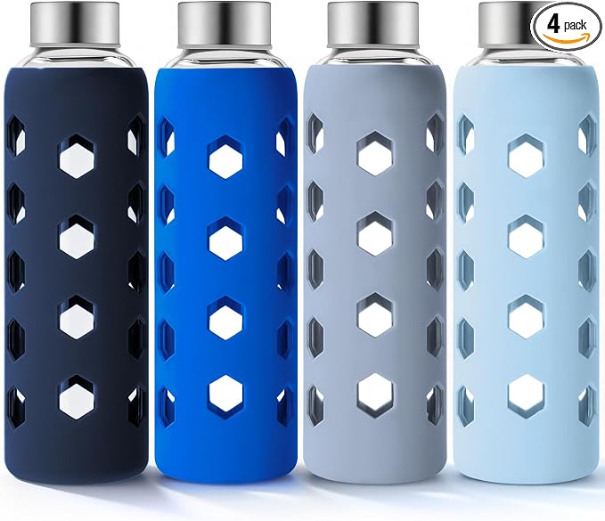 Mrsdry 18 oz Glass Water Bottles with Lids & Silicone Sleeves, 4-Pack | BPA Free, Leak-Proof Reusable Glass Drinking Bottles with Stainless Steel Airtight Cap for Juicing, Dishwasher Safe, Non-Slip