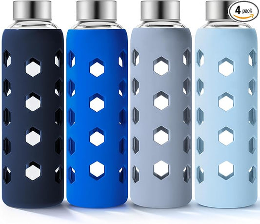 Mrsdry 18 oz Glass Water Bottles with Lids & Silicone Sleeves, 4-Pack | BPA Free, Leak-Proof Reusable Glass Drinking Bottles with Stainless Steel Airtight Cap for Juicing, Dishwasher Safe, Non-Slip