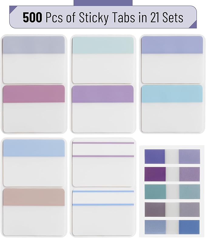 Mr. Pen- Sticky Index Tabs, 500 Pcs, 21 Sets, Morandi, Writable Colored Pages Markers Labels for Reading Notes, Books, Binders, Notebook, Folders and Classify Files, Water-Resistant