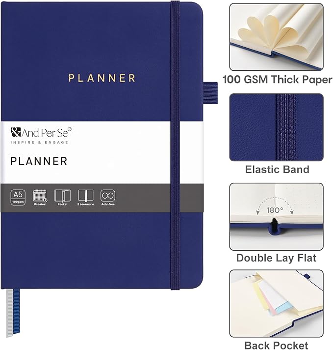 And Per Se Undated Planner, Weekly & Monthly Planner with Goal & Habit Tracker, A5 Leather Hardcover Productivity Journal for Academic Year (Royal Blue)