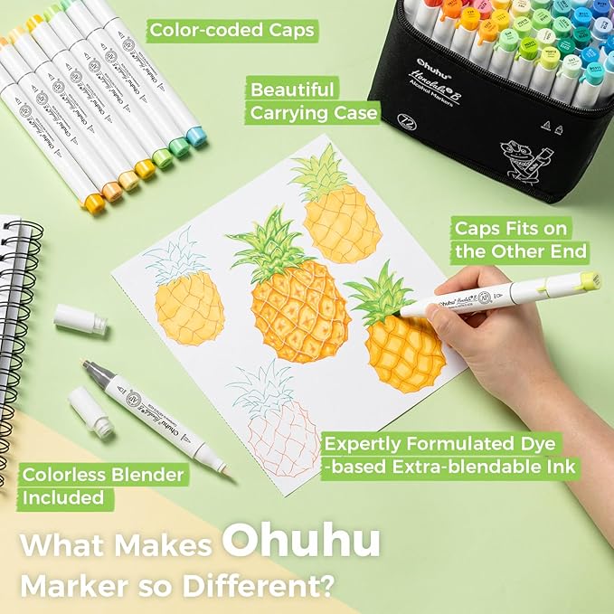 Ohuhu Alcohol Markers Brush Tip - AP Certificated Double Tipped Art Marker Set for Artist Adults Coloring Illustration- 72 Colors - Refillable - Fine and Brush Dual Tips - Honolulu 2B of Ohuhu Markers