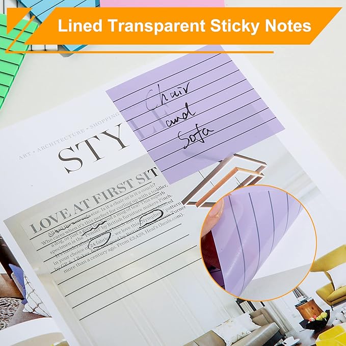 SYMDROMIA 6 Pads Lined Transparent Sticky Notes, 3"x3" 6 Soft Color Clear Translucent See Through Sticky Notes with Lines for Office School Planner Supplies Aesthetic Bible Annotation Markers Tabs