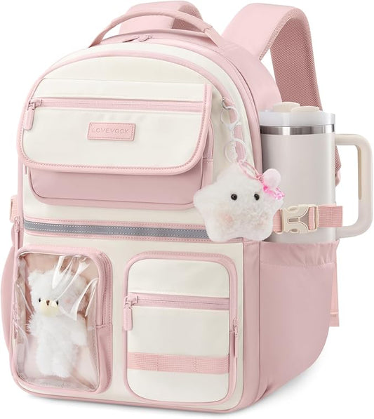 LOVEVOOK School Backpack for Girls, Cute Bookbag for Teen 8-16, DIY Friendly 15.6" Laptop Backpack for Middle High College Student Back to School, Bag with Water Bottle Pocket for Travel, Pink